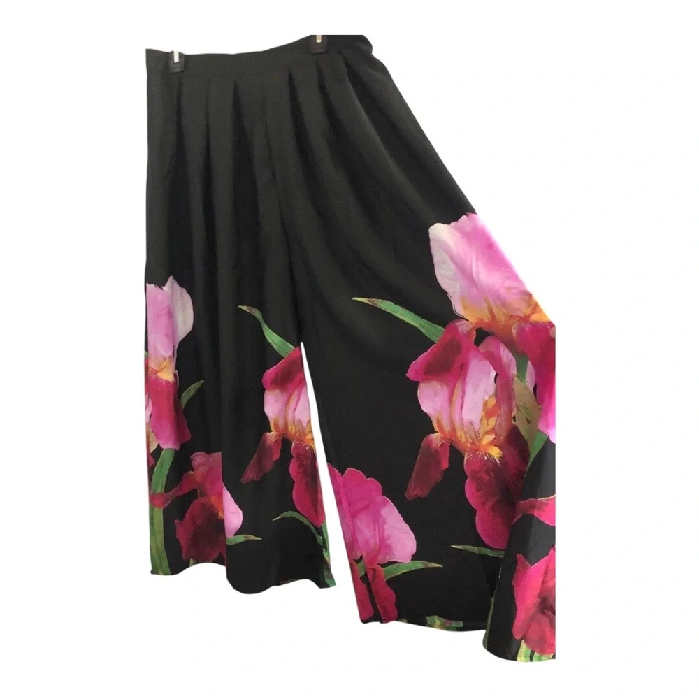 Black pink hibiscus floral tropical print hem wide leg flowy pants size XL new - Picture 3 of 17